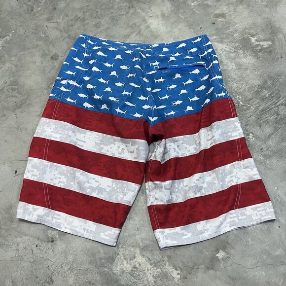 Pelagic Sharkskin Board Shorts Mens Size 32 11.5” Inseam America Flag Drawstring - Picture 5 of 7